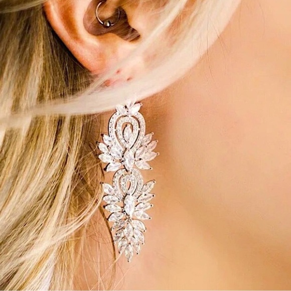 Silver Cubic Zirconia Wedding Earrings, Bridal, Dangle, Anniversary - Picture 4 of 10